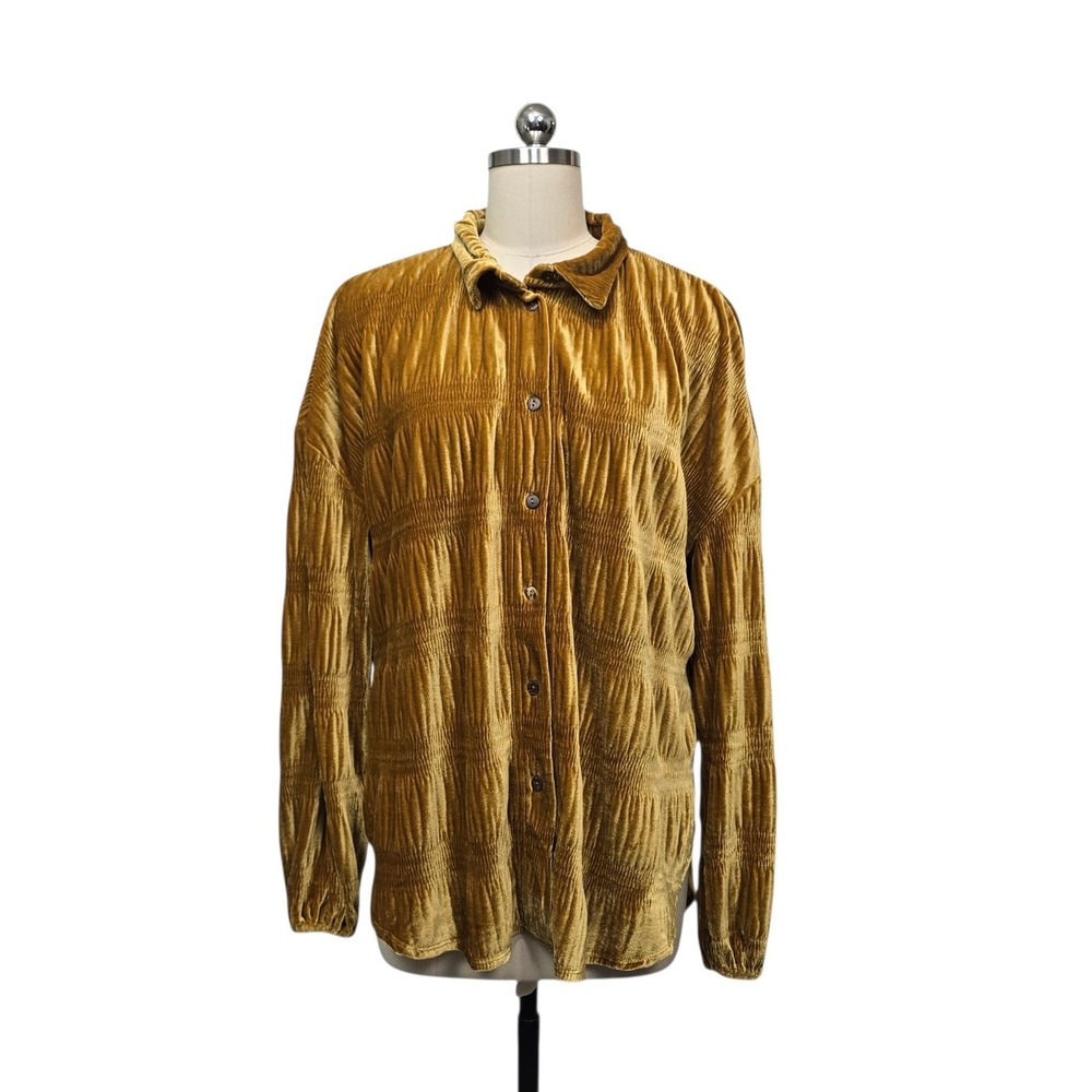 Free People Gold Smocked Velvet Button Down Shirt Mustard Yellow XS OB1432912